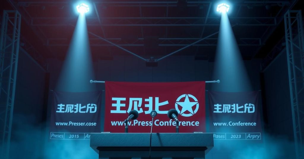 A tense press conference scene with microphones, banners, and a spotlight, reflecting political confrontation.