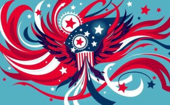 A representation of political change in America with iconic symbols, bold colours, and abstract art style.
