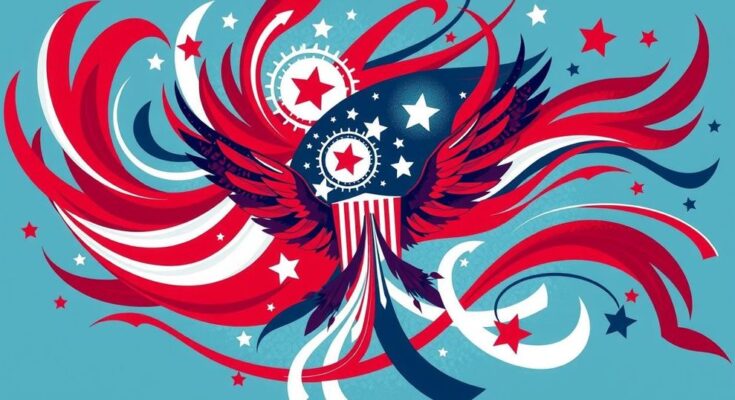 A representation of political change in America with iconic symbols, bold colours, and abstract art style.