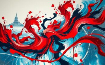 A dramatic scene in an abstract art style showcasing a chaotic representation of American political change during a presidency.