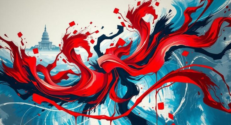 A dramatic scene in an abstract art style showcasing a chaotic representation of American political change during a presidency.