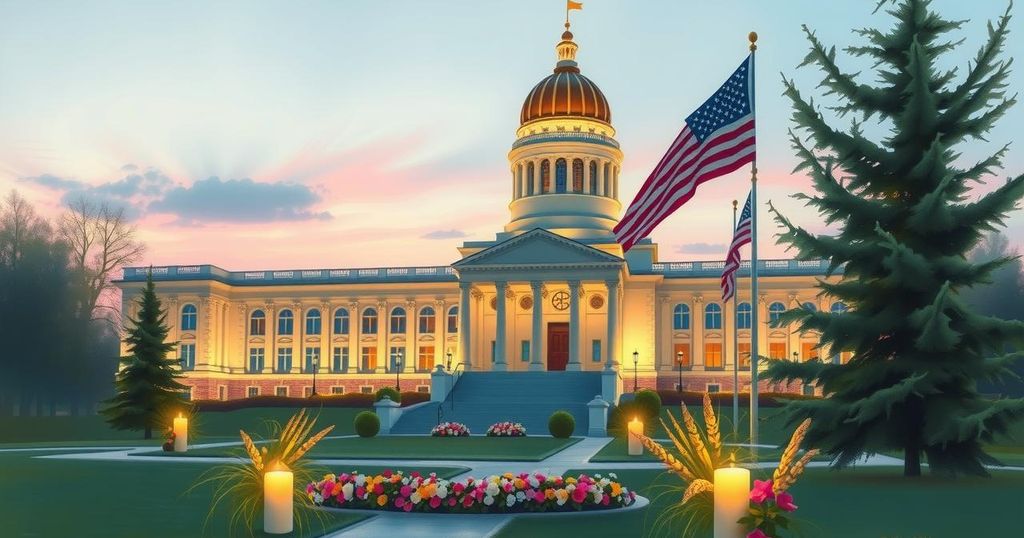 A somber scene depicting Minnesota's State Capitol with flowers and candles in remembrance, evoking unity and reflection.