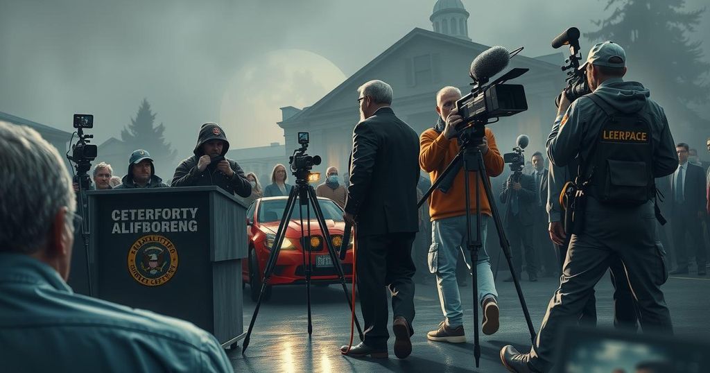 A tense political scene in California with a backdrop of news media capturing an iconic moment of conflict.