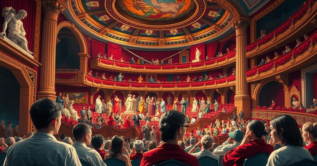 A lively theatre interior during a performance, filled with a diverse audience showing mixed expressions of excitement.