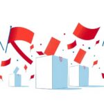 A symbolic representation of political dynamics, featuring ballot boxes and voting symbols in complementary colours.
