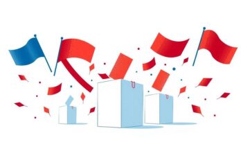 A symbolic representation of political dynamics, featuring ballot boxes and voting symbols in complementary colours.
