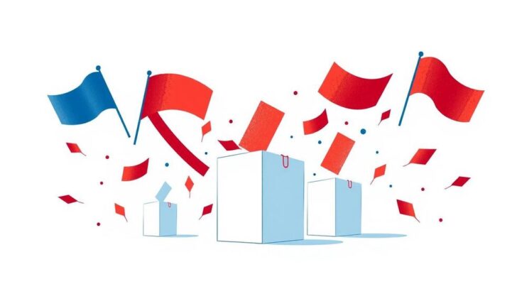 A symbolic representation of political dynamics, featuring ballot boxes and voting symbols in complementary colours.