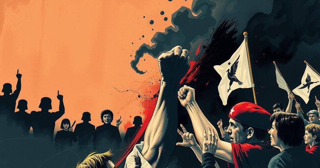 A dramatic political landscape depicting resistance against authority with contrasting dark and light tones.