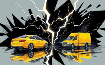 A conceptual art piece depicting a breaking bond, with lightning bolts and electric vehicles symbolizing tension.