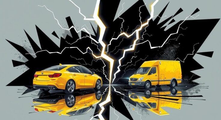 A conceptual art piece depicting a breaking bond, with lightning bolts and electric vehicles symbolizing tension.