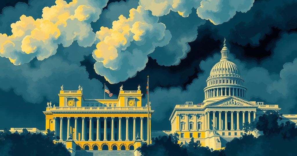 A tense political scene featuring state buildings with clouds looming overhead, symbolising a political battle.