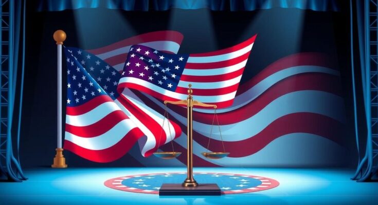 Senator's speech highlighting patriotism and democracy with American symbols and a Michigan backdrop.