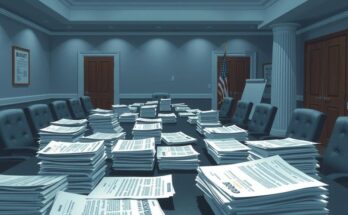 Вид собрания Конгресса с документами, символизирующими бюджетные встречи и политическую дискуссию.