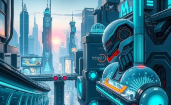 Futuristic cityscape with robots and digital elements, reflecting innovation and technology in a vibrant colour scheme.