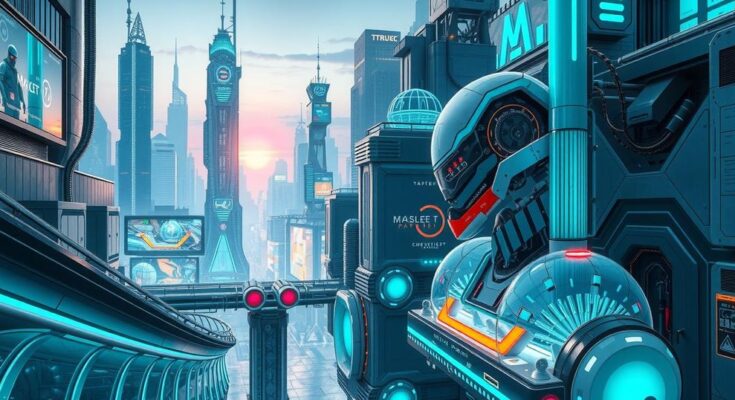 Futuristic cityscape with robots and digital elements, reflecting innovation and technology in a vibrant colour scheme.