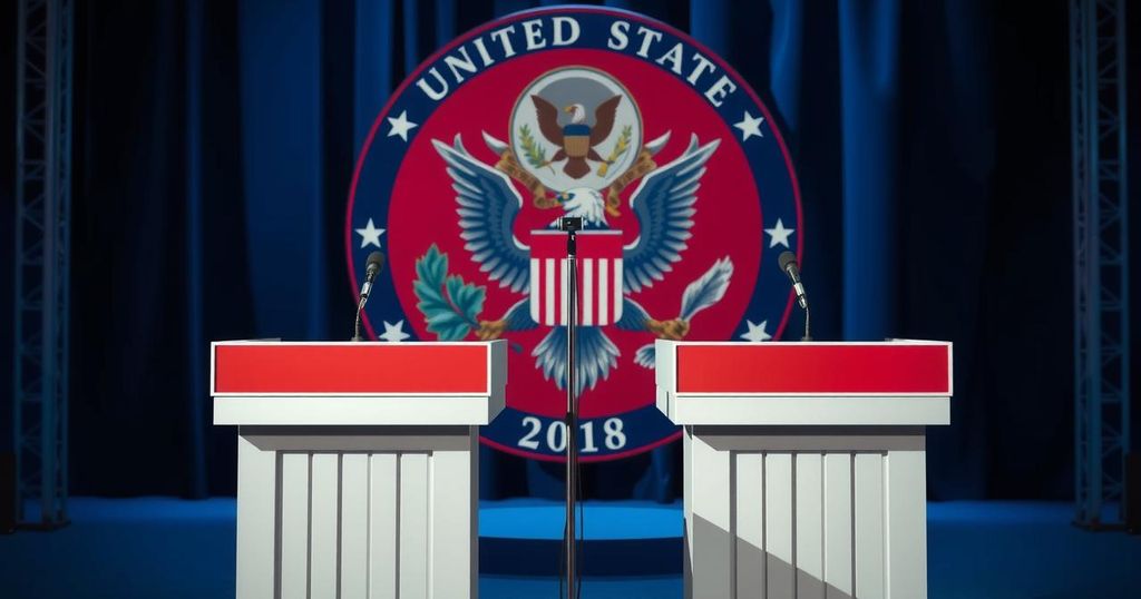 Debate scene featuring a podium with microphones, political symbols, and a backdrop of the United States emblem.