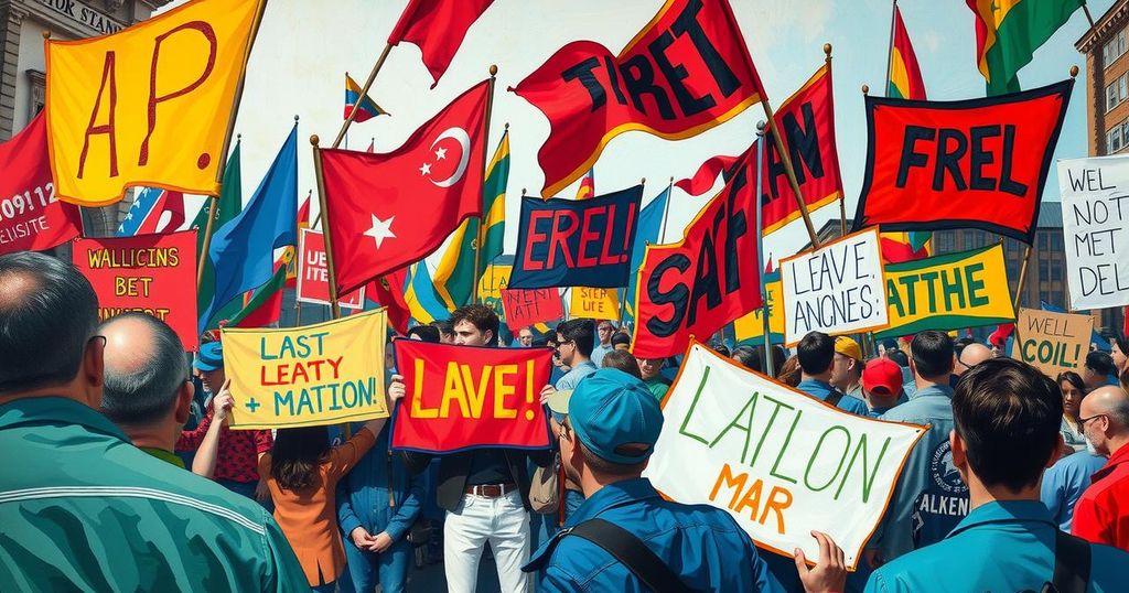 Vivid political protest scene with banners, vibrant colours, and abstract artistic style symbolising conflict and resistance.