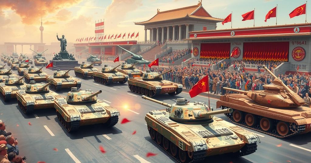 Military parade featuring tanks and armored vehicles celebrating the US Army's anniversary in a patriotic atmosphere.