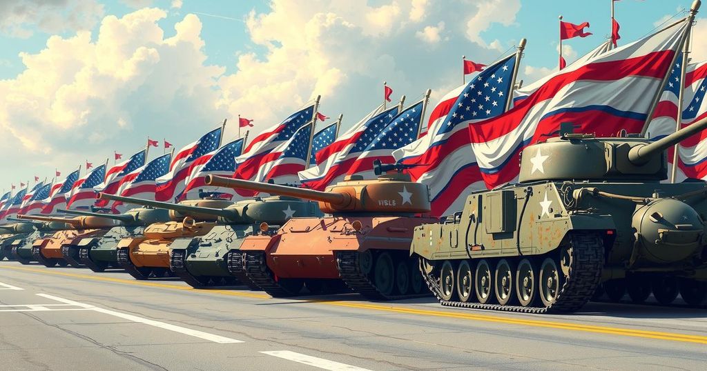 Military parade showcasing tanks and soldiers in a vibrant display, celebrating the Army's anniversary with patriotic themes.