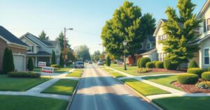 A calm neighbourhood scene adorned with few political signs, symbolising the exhausted majority amidst noisy politics.