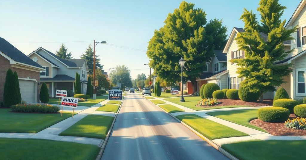 A calm neighbourhood scene adorned with few political signs, symbolising the exhausted majority amidst noisy politics.