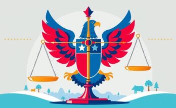 A symbolic representation of democracy with a strong national security theme, decorated in patriotic colours.