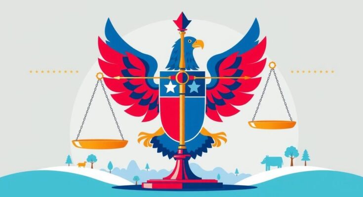 A symbolic representation of democracy with a strong national security theme, decorated in patriotic colours.