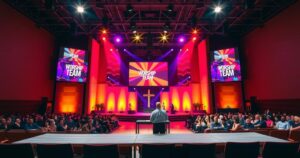 A vibrant church stage with colourful lights and pulsing music, symbolising a religious event like an audition or worship night.