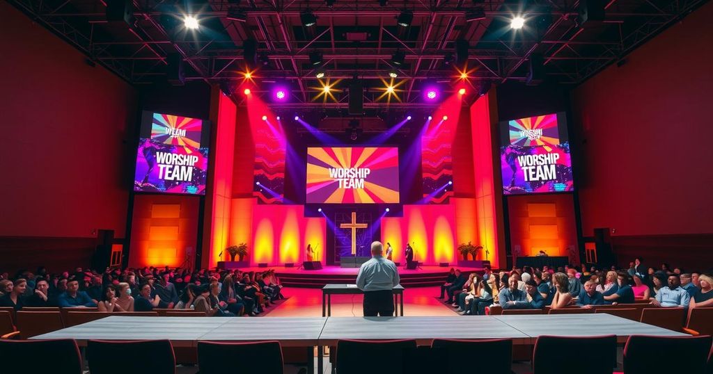 A vibrant church stage with colourful lights and pulsing music, symbolising a religious event like an audition or worship night.