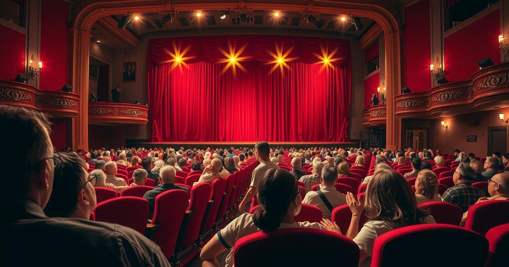 A theatre audience enthralled by a dramatic performance with diverse reactions in soft tones.