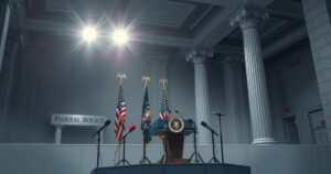 A tense news conference scene showcasing a podium and multiple microphones, under strong lighting in a federal building.