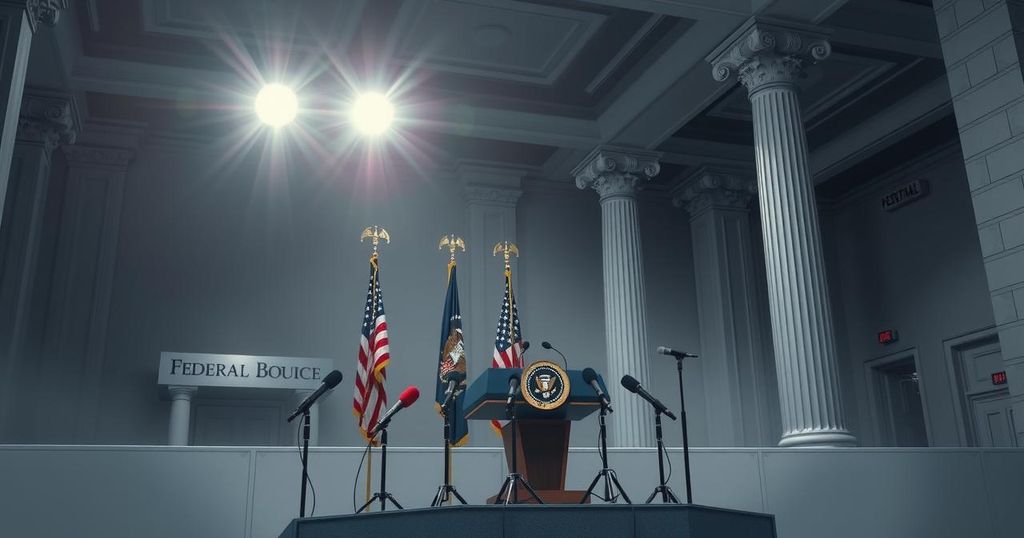 A tense news conference scene showcasing a podium and multiple microphones, under strong lighting in a federal building.