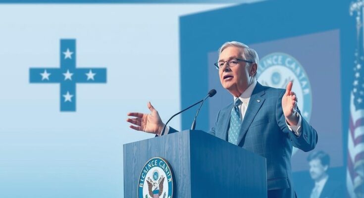 Senator speaking passionately in a formal setting, representing democratic values and national security.