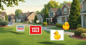 Political yard signs and a rubber ducky sign in a quiet Berkeley neighbourhood, illustrating political fatigue.