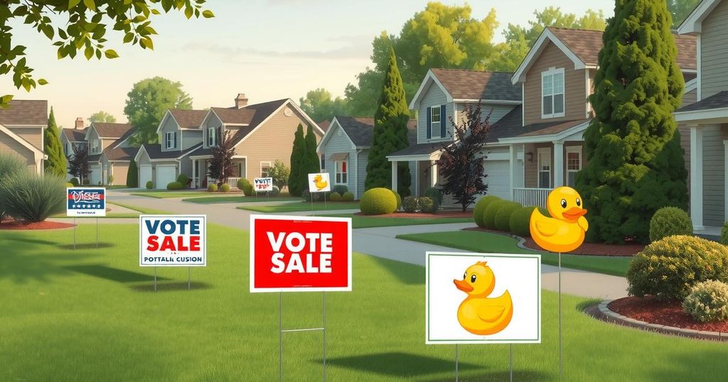 Political yard signs and a rubber ducky sign in a quiet Berkeley neighbourhood, illustrating political fatigue.