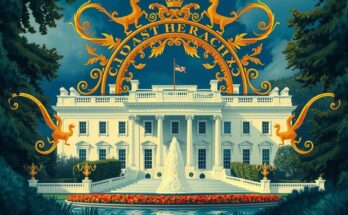 A conceptual depiction of the White House with a crown and regal theme, representing political aspirations and power.