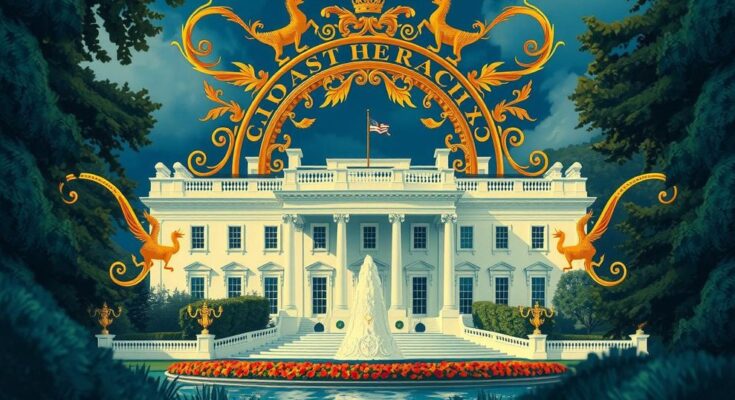 A conceptual depiction of the White House with a crown and regal theme, representing political aspirations and power.