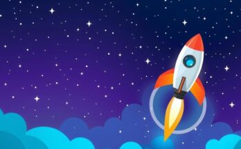 A conceptual digital image depicting a stylised rocket soaring through a starry night sky, symbolising innovation.