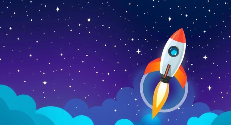 A conceptual digital image depicting a stylised rocket soaring through a starry night sky, symbolising innovation.