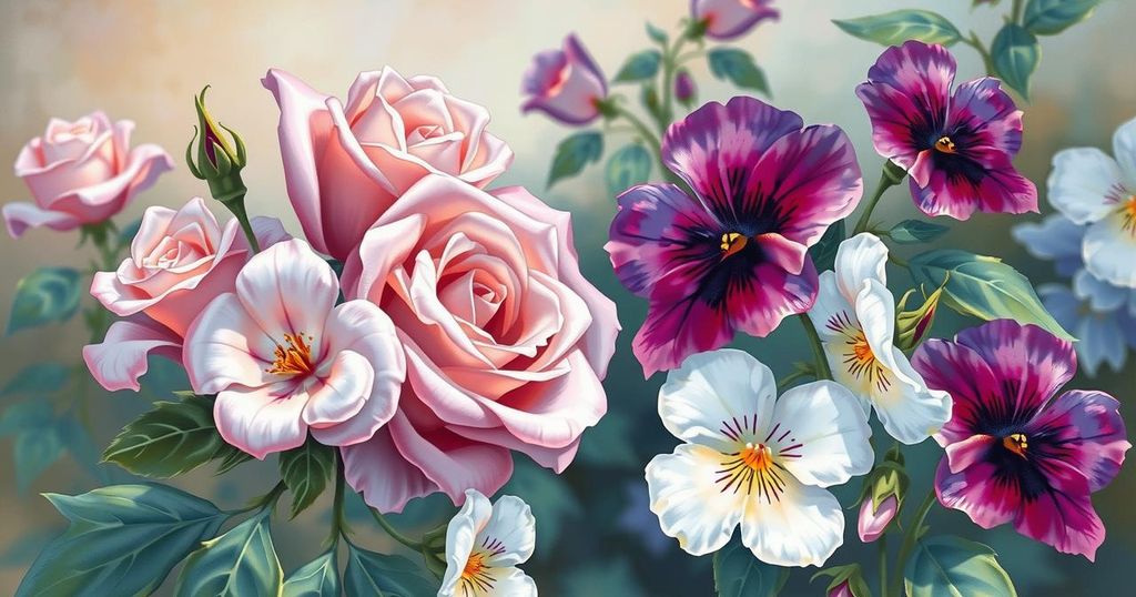 A romantic garden with contrasting flowers, symbolising love and political differences, in soft pastel colours.