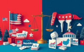 A political landscape depicting symbols of Republican and Democratic parties, with contrasting elements in blue and red tones.