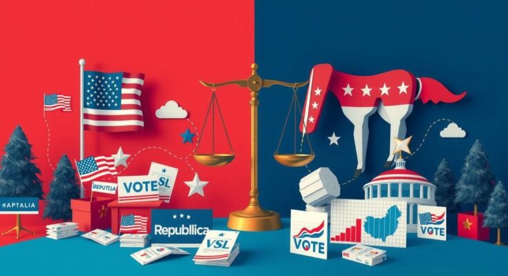 A political landscape depicting symbols of Republican and Democratic parties, with contrasting elements in blue and red tones.