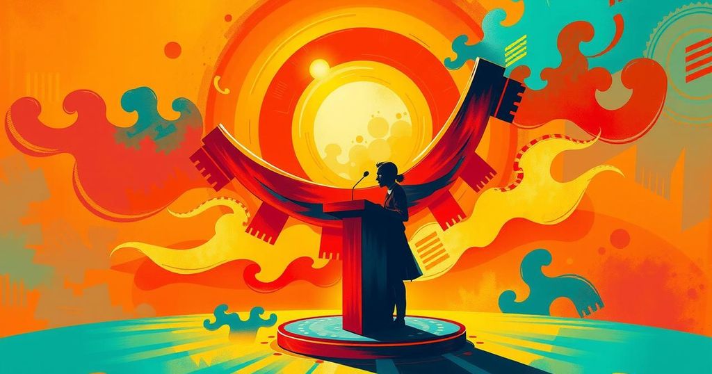 A colourful representation of leadership with abstract symbols of democracy, including a podium and a rising sun.