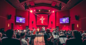A vibrant stage with illuminated screens, musical instruments, and religious symbols in a church setting.