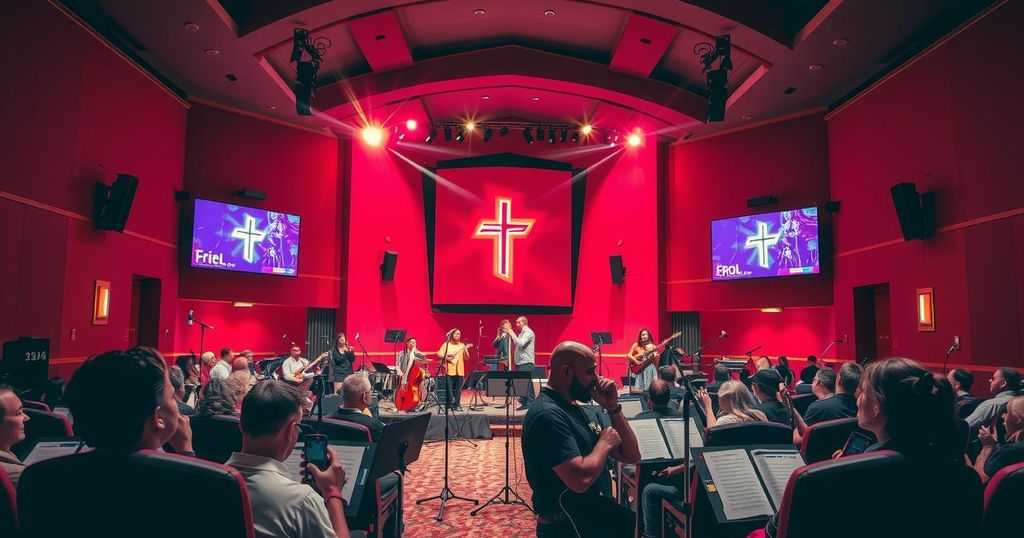 A vibrant stage with illuminated screens, musical instruments, and religious symbols in a church setting.