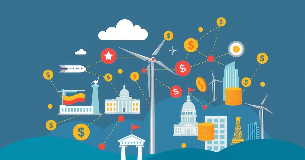 A graphic illustration of a political landscape filled with interconnecting lines and financial symbols representing influence and profit.