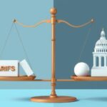A conceptual image of scales balancing tariffs and government cuts, with contrasting light and dark colours symbolising public opinion.