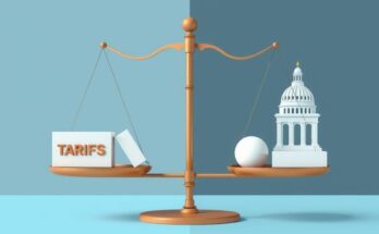 A conceptual image of scales balancing tariffs and government cuts, with contrasting light and dark colours symbolising public opinion.
