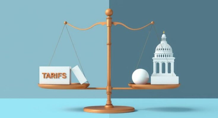 A conceptual image of scales balancing tariffs and government cuts, with contrasting light and dark colours symbolising public opinion.
