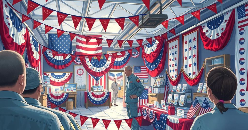 A military base with patriotic decorations and merchandise, showcasing a political rally atmosphere.